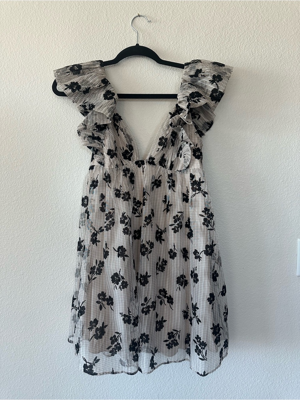 Ruffled Floral Mini Dress in Black & Taupe